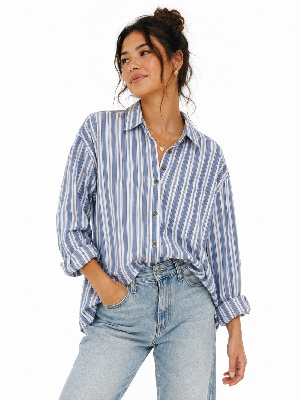 Heavy Cotton Lands' End Blue and White Striped Button-Down Shirt